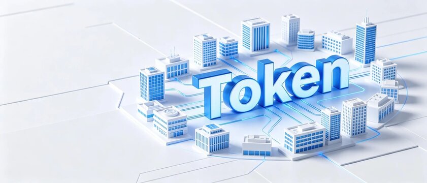 3d blue bold Token text connected to network of modern minimalist city buildings on clean white digital map representing real estate tokenization blockchain fintech technology concept