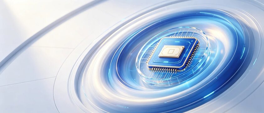 Glowing blue 3d computer processor chip inside transparent circular frame with concentric glowing blue circles on clean white background representing advanced microchip technology