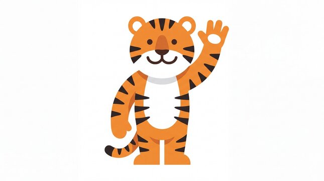 Cute orange cartoon tiger mascot waving paw on white background
