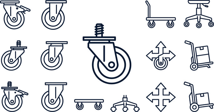 Industrial Caster Wheels and Logistics Equipment Vector Icon Set - Swivel Castors and Transport Trolley Line Art Elements