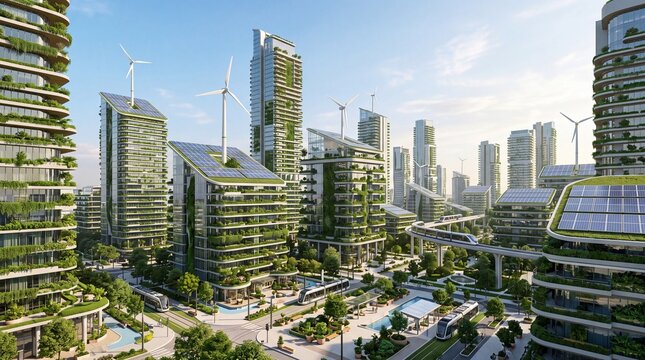 Futuristic sustainable city with green architecture and clean energy