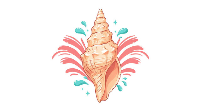 A beige spiral seashell with pink brush strokes and blue water droplets on a white background, conch