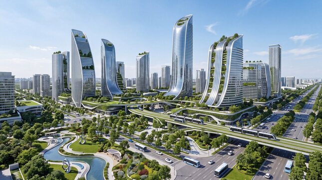 Futuristic green city with organic skyscrapers and modern transit