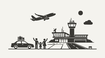 Fototapeta premium Airport travel scene with family, car, and departing airplane silhouette