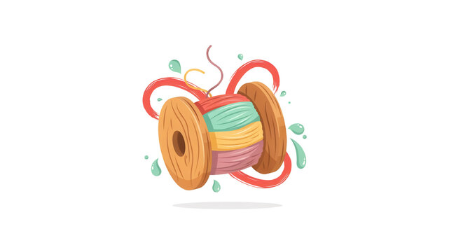 A wooden spool of colorful thread with red swirls and green water droplets isolated on a white background
