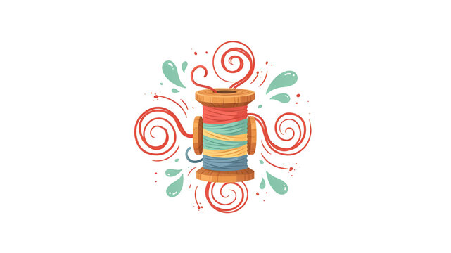 A wooden spool of colorful thread with decorative red swirls and green water droplets on a white background