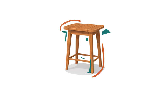 A wooden stool with four legs and a square seat, surrounded by orange and teal abstract shapes on a white background
