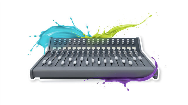 Audio mixing console with colorful paint splashes, isolated on a white background, studio music production gear