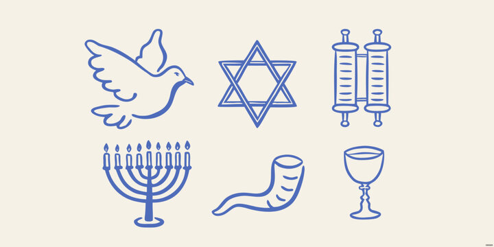 Jewish religious symbols including star dove and menorah in line style