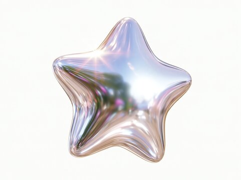 Shiny metallic chrome five-pointed inflatable star with reflective surface on plain clean white background modern 3d abstract decorative icon concept
