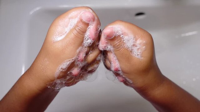Little child washing soapy hands over bathroom sink showing proper hygiene routine with bubbles