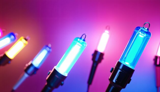 Neon glowing tubes floating on colorful pink and blue background