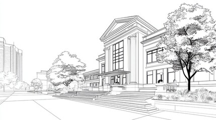 Fototapeta premium Elegant Architectural Sketch of Classical Building with Surrounding Trees