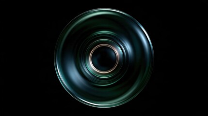 Fototapeta premium Abstract symmetrical concentric green glossy glass circles tunnel with thin glowing golden accent ring on deep pure black background modern 3d geometric art concept