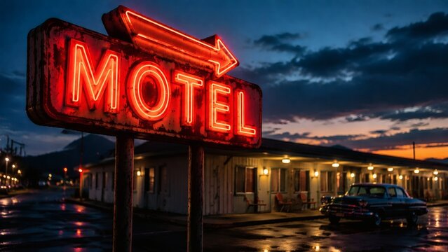 Vintage motel sign illuminated at dusk with retro cars nearby  