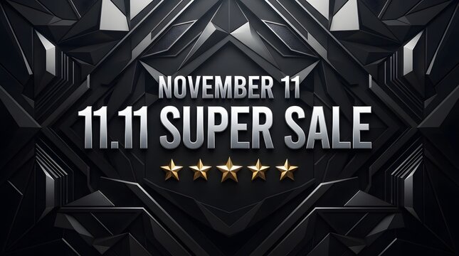 November 1111 super sale promotional graphic with five golden stars on a dark, geometric, abstract 3d background