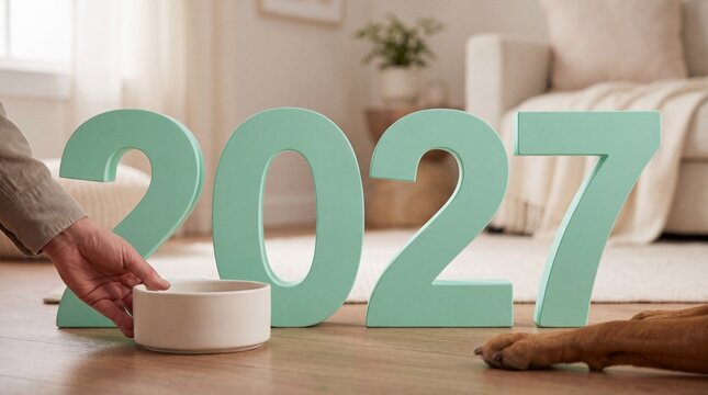 Person placing a food bowl near large mint green numbers representing the year 2027