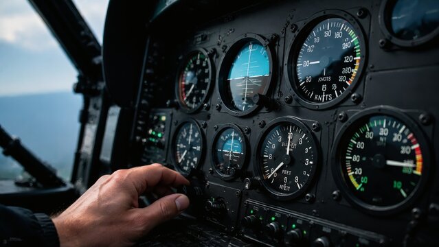 Pilot adjusting controls in a helicopter cockpit with gauges  