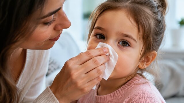 Caring mother gently wiping her sick daughter's nose at home  