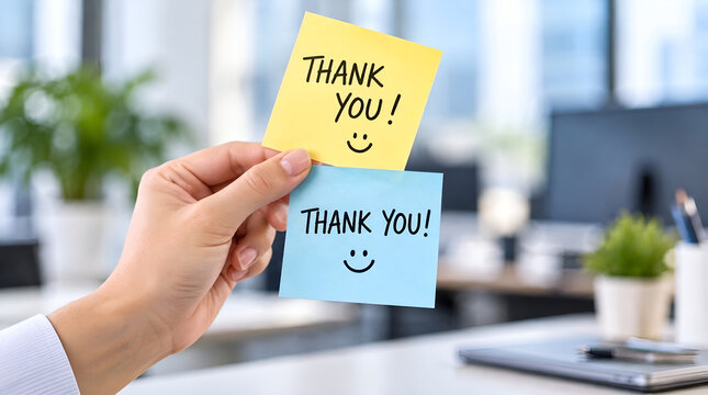 Hand holding colorful sticky notes with thank you message and smiley face in a modern office environment, expressing gratitude, appreciation, and positivity at work