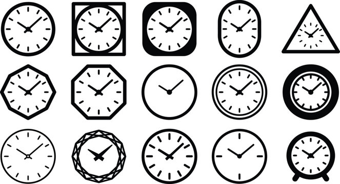 A diverse collection of vector clocks in various geometric shapes and styles for design projects