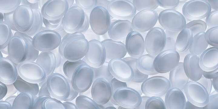 Full frame background filled with overlapping frosted transparent light blue oval glass pebbles soft textured minimalist monochrome abstract pattern concept
