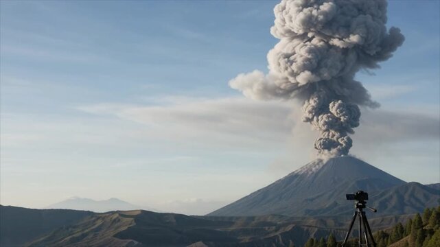 Camera on tripod recording massive volcanic eruption cloud.