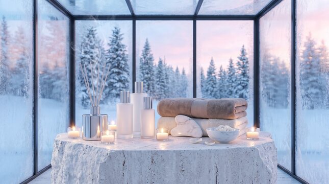 Winter Spa Wellness Set with Skincare Bottles, Aroma Reed Diffuser, Gua Sha, and Rolled Towels in Frosty Glass Cabin Room
