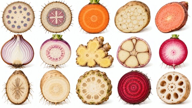 Collection of various root vegetables sliced in half showing interior textures and patterns set