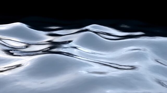 Silvery liquid-like surface undulates in smooth reflective waves, shifting rounded ridges and dark contours beneath bright highlights against deep black background