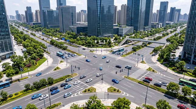Aerial view of a busy city intersection and modern skyscrapers