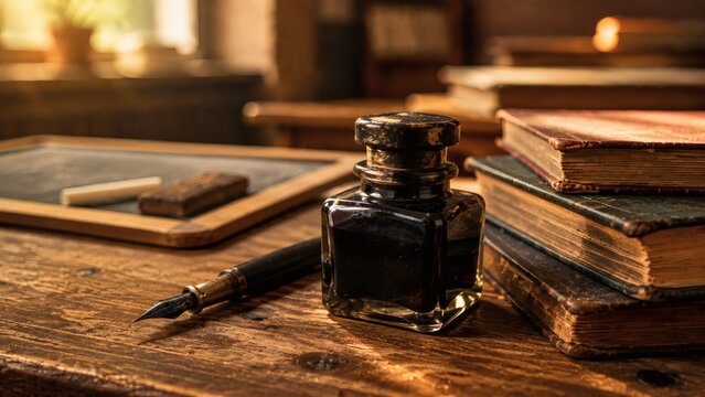 Vintage ink bottle and fountain pen on wooden desk with books  