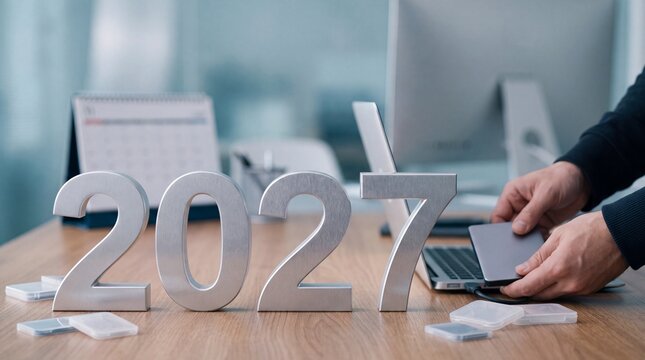 Metallic numbers 2027 standing on a wooden office desk next to a computer with placed desk person