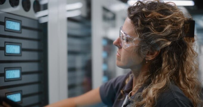 Focused Female Technician Wearing Protective Eyewear Wipes Down Glass Server Rack Door. Dust Prevention and Regular Sanitation Protect Server Equipment From Overheating, Failure. Server Maintenance