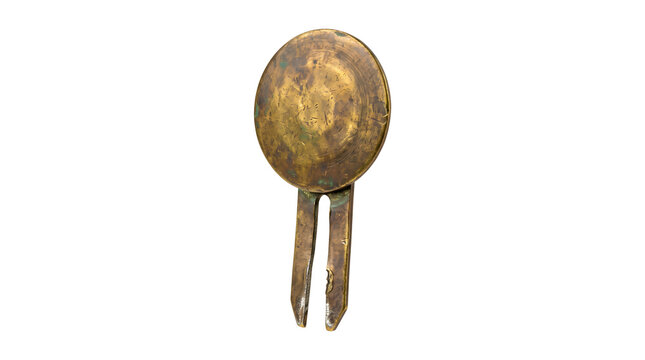 Antique brass fasteners cotter pin with round flat head and tarnished golden texture for vintage document binding look.