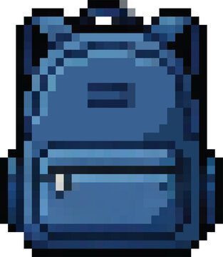 Pixel art blue backpack icon isolated on transparent background, video game travel pack asset