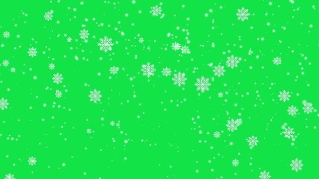 Isolated snow flakes slowly falling on green screen background. Winter delicate snowy backdrop. Fairy tale celebrate snowing for Christmas concept. Flying snowfall festive intros overlay animation.