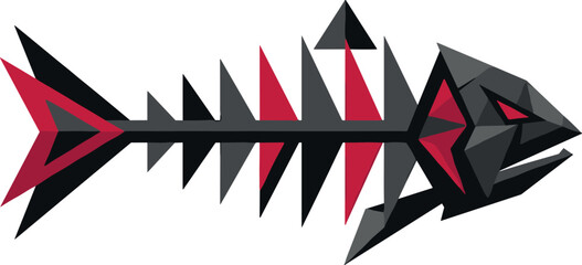 Fototapeta premium Abstract Low Poly Fish Bone Vector Illustration with Sharp Geometric Triangles in Red and Dark Grey for Aggressive Gaming Logos and Edgy Brand Graphics