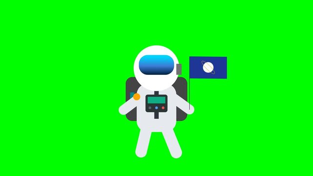 Cute 3D Cartoon Astronaut Character Holding Planet Flag Floating In Outer Space Animation Chroma Key Green Screen Background Loop For Science Video