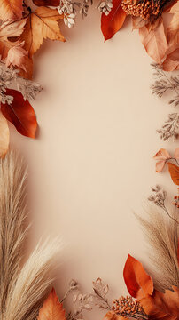 Elegant Vertical Autumn Foliage Frame on Soft Beige Background with Copy Space for Instagram Story Layout