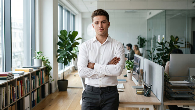 Confident young businessman standing in a modern office with his arms crossed and looking at the camera