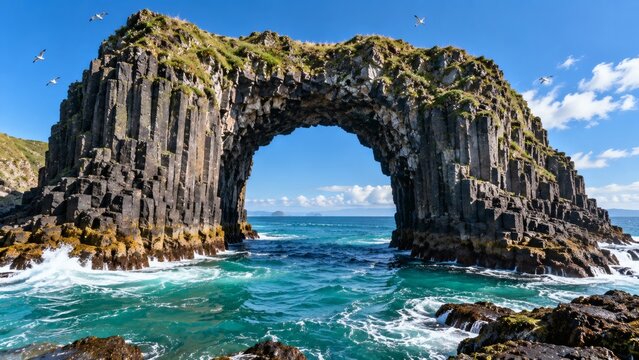 Dramatic natural basalt rock arch formation standing in the turquoise ocean under a blue sky