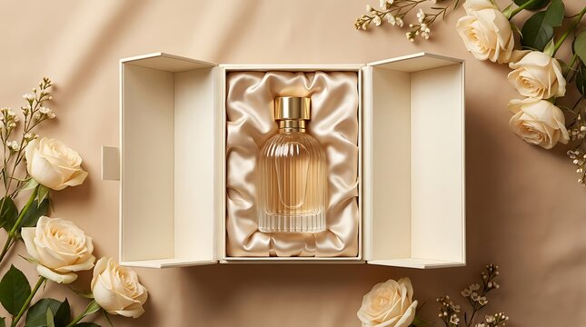 Elegant perfume bottle in luxury gift box with roses