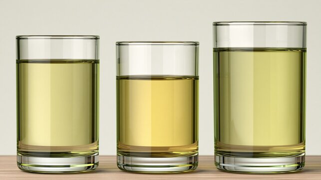 Three clear cylindrical glasses filled with different amounts of pale-yellow natural cooking oil placed on wooden table against plain light gray background healthy cooking ingredient concept