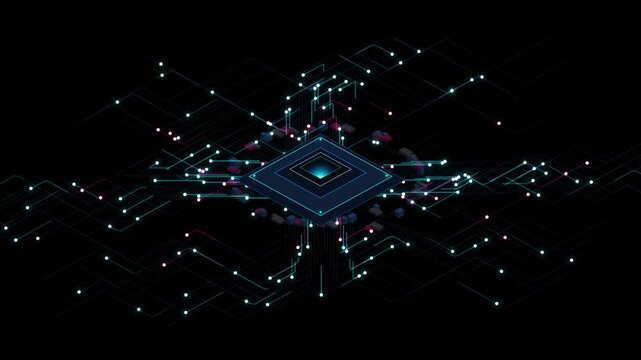 Isometric view of a central processing unit with blue light connectivity data flow digital cpu chip illustrated in perspective with glowing circuit paths