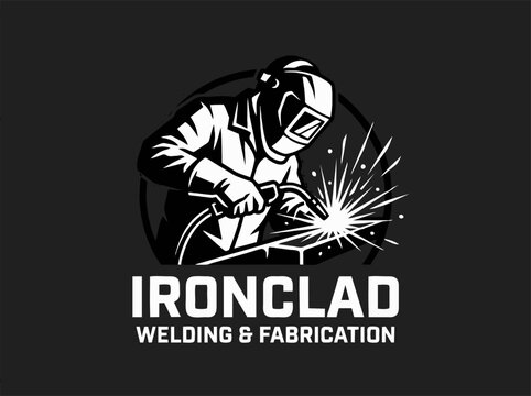 Ironclad welding and fabrication logo, professional welder mascot with torch and sparks, industrial metalwork vector illustration