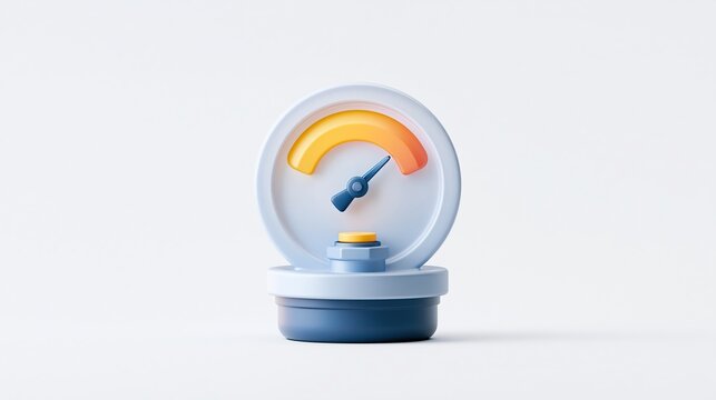 3d minimal speedometer gauge with needle pointing to high yellow orange range on plain white background performance speed meter measurement concept