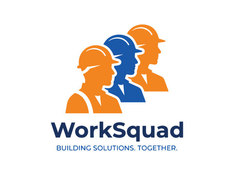 WorkSquad construction logo with three workers in hard hats. Building solutions team vector icon. Industrial labor group emblem.