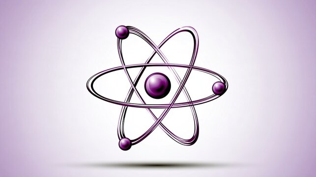 Glossy purple abstract atom model symbol with orbiting electrons on soft light purple background science nuclear physics molecular structure concept