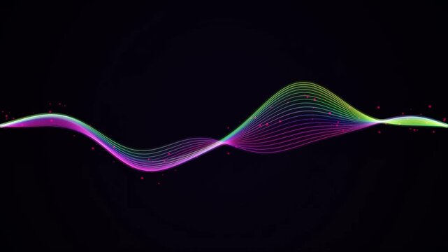 Abstract rainbow gradient flowing wave line on dark background fluid motion of a multicolored composed of thin parallel strands with floating